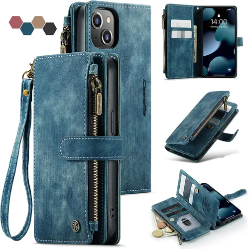 Miniatura 10 de Funda compatible con iPhone 13 Pro Max 5G con tarjetero y función atril magnético, con cremallera, bolsillo, correa de muñeca, funda de cuero