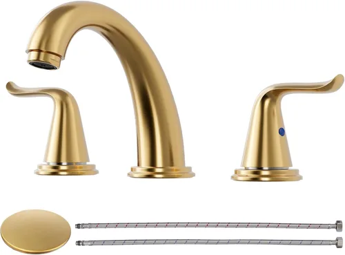 Miniatura 10 de WOWOW Grifo de baño de latón sólido de 2 asas con 3 agujeros, grifo de lavabo de acero inoxidable para tocador, grifo de lavabo de baño de níquel