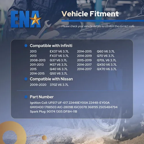Miniatura 7 de ENA Juego de 6 bobinas de encendido y bujías iridio platino 3.7 5.6 compatibles con Infiniti Nissan 370Z FX37 G37 M37 Q40 Q50 Q60 Q70 QX70 3.7L 5.6L