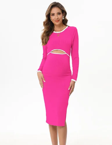Miniatura 3 de FUNJULY Vestido de maternidad de manga larga para mujer, estilo casual, cuello redondo, recortado, de punto acanalado, ajustado, vestido de tubo