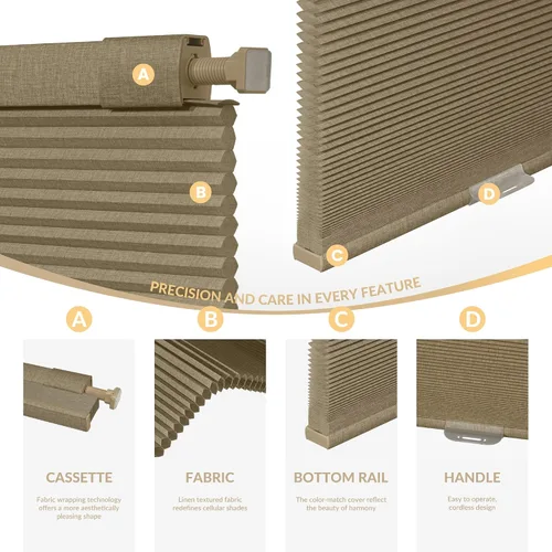 Miniatura 6 de Boolegon Sin Taladro Persianas Celulares de Lino con Patrón para Ventanas, Estores de Panal con Filtro de Luz, Persianas Inalámbricas, Sin