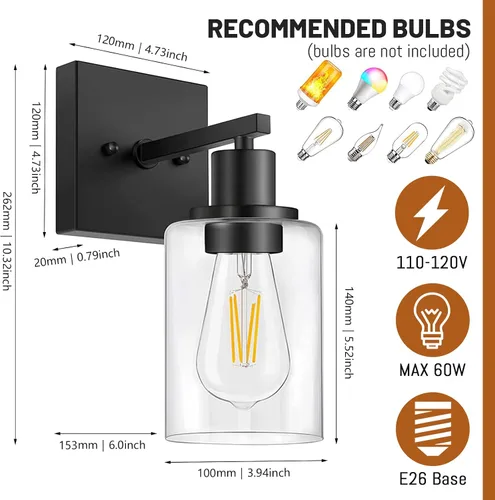 Miniatura 4 de Juego de 2 apliques de pared, juego de luces de baño negro mate, juego de luces de pared de granja, luces de tocador con pantalla de vidrio