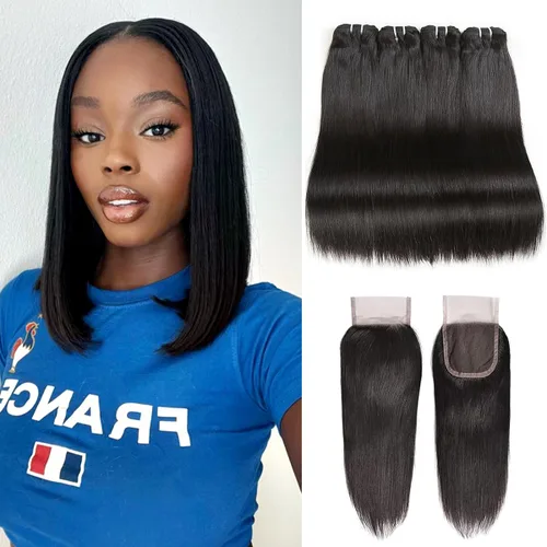 Miniatura 25 de Liang Dian Paquetes de cabello humano corto de 8 pulgadas color natural 4 paquetes 12A cabello virgen brasileño 100% cabello humano liso sin