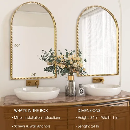 Miniatura 3 de Espejo de pared arqueado para baño, 24 x 36 pulgadas, marco de cuentas de metal, espejo decorativo, grande, moderno, rústico, envejecido, decoración