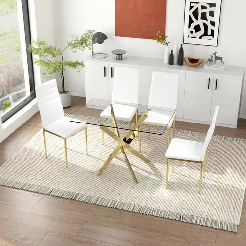 Miniatura 4 de Mesa de comedor de vidrio dorado templado de 47.2 pulgadas para 4 personas, mesa de cocina rectangular de vidrio con patas cromadas, mesa de comedor