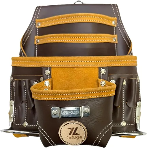 Zeluga 20-164 Bolsa de herramientas de 10 bolsillos, de piel resistente, tipo rigger, color café
