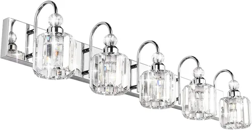 Miniatura 8 de Ralbay - Luces LED modernas de tocador para baño de 5 luces, luces de tocador de cristal sobre espejo, lámparas modernas de tocador para baño