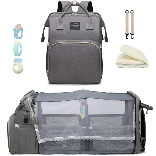 Miniatura 12 de Bolsa de pañales con cambiador, mochila para pañales, bolsa de pañales de viaje 7 en 1, bolsa para mamá con puerto de carga USB (rosa-gris)