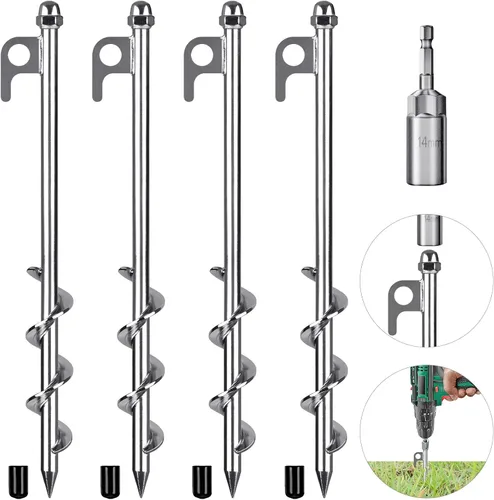 Paquete de 4 estacas para tienda, anclajes de tierra resistentes de 12 pulgadas, anclajes de tierra en espiral totalmente soldados para tiendas de