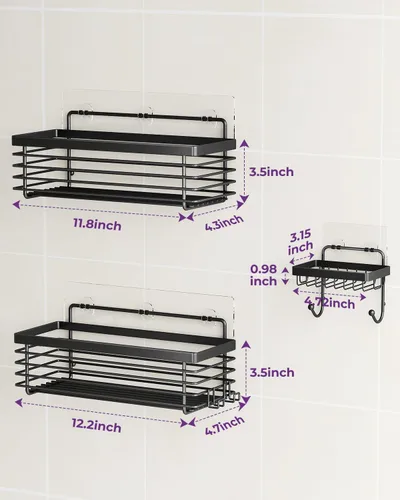 Miniatura 7 de ODesign Organizador de ducha de acero inoxidable SUS304, 3 unidades, sin taladrar, estante de baño, montado en la pared, organizador adhesivo