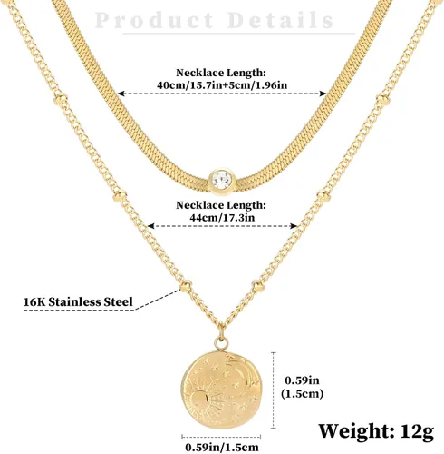 Miniatura 2 de Secroma Collares de oro en capas para mujer, collar de medallón de moneda de 16 quilates, gargantilla de cadena de serpiente, collar de acero