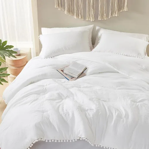 Miniatura 7 de Codi Juego de edredón beige tamaño King, ropa de cama bohemia chic con elegantes flecos de pompones, juego de lujo de 3 piezas de microfibra lavada