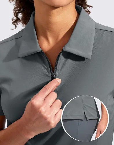 Miniatura 5 de Viodia Camisa de golf para mujer, manga corta, con cremallera, de secado rápido, elástica, con cuello de tenis, ropa de golf