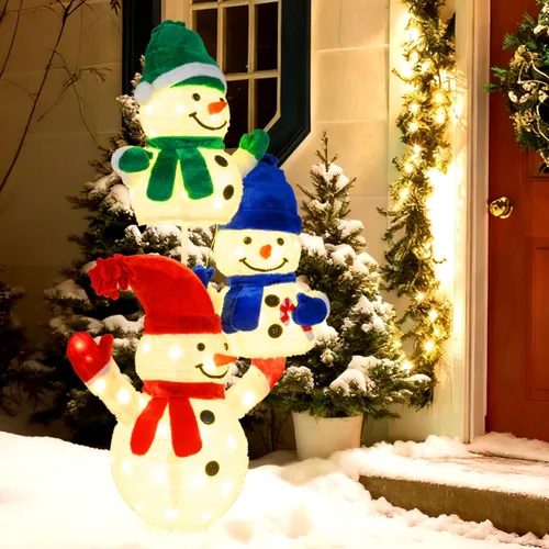 Miniatura 2 de Tangkula Muñeco de nieve de 5 pies iluminado para Navidad, decoración de 3 muñecos de nieve apilados, muñeco de nieve 3D iluminado con estacas