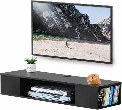 FITUEYES Soporte de TV flotante negro, centro de entretenimiento montado en la pared, almacenamiento de madera, estante de consola multimedia debajo