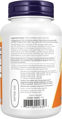 Miniatura 2 de NOW Suplementos, Super Omega 3-6-9 1200 mg con una mezcla de aceites de pescado, borraja y semillas de lino, 90 cápsulas blandas
