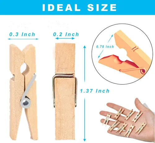 Miniatura 5 de Mini Pinzas de Ropa de 1.35 Pulgadas para Fotos, 100 Piezas con 32 Pies de Cordel de Yute, Mini Pinzas de Ropa para Manualidades, Pequeñas Pinzas