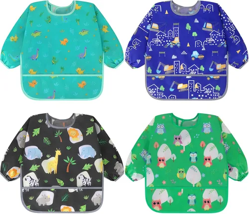 Miniatura 10 de Accmor 4 Pack Long Sleeve Bibs, Baby Smock Waterproof Sleeved Bib Smock for Baby Toddler 6-36 Months Dinosaurio azul/cerdo naranja/alce