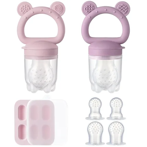 Miniatura 8 de Paquete de 2 alimentadores de frutas de silicona para bebés con mini bandeja para congelador, moldes de paletas de leche materna para aliviar