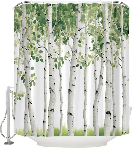 Miniatura 4 de Cortina de ducha de árbol de abedul, hojas verdes, paisaje de bosque, primavera, acuarela, planta rústica, paisaje, cortina de baño con ganchos
