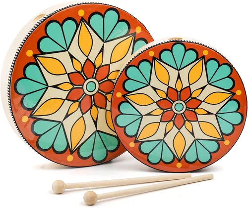 Foraineam Tambor de mano de 10 pulgadas y 8 pulgadas, instrumento de percusión musical, tambor de marco de madera colorido con palo de tambor