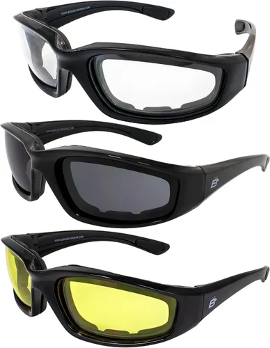 Birdz Gafas de sol Oriole acolchadas para montar en motocicleta, día noche, amanecer, atardecer, 3 pares de montura negra brillante con amarillo