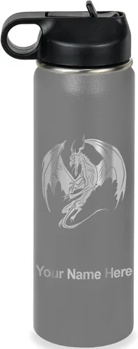 Miniatura 19 de LaserGram Botella de agua con tapa abatible de doble pared de 12 onzas con pajilla, dragón, grabado personalizado incluido (negro)
