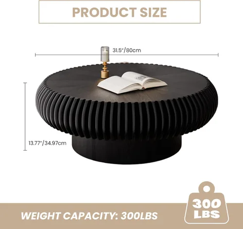Miniatura 2 de Mesa de centro redonda de tambor estriado para sala de estar, mesas de centro modernas de mediados de siglo con pedestal resistente, mesa de té negro