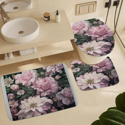 Miniatura 6 de Juego de 4 cortinas de ducha con alfombras, juego de baño con cortina de ducha y alfombras, 4 piezas, flores femeninas, lila, rosa, rubor, verde