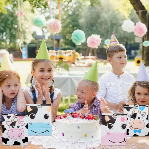 Miniatura 7 de Leinuosen Paquete de 24 bolsas de golosinas con estampado de vaca, bolsas de regalo de fiesta de vacas para niños, cajas de regalos con temática