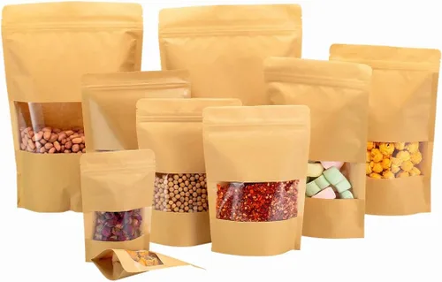 Miniatura 9 de Bolsas de papel kraft sellables para alimentos de pie, bolsas de papel Mylar con ventana transparente y cremallera, resistentes decorativas