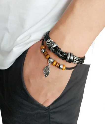 Miniatura 16 de Suyi brazalete ajustable con varias capas, de cuero tejido trenzado con cruz. Pulsera tipo esclava.