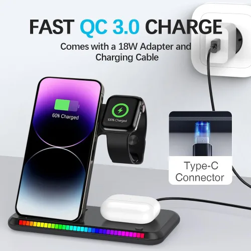 Miniatura 4 de IHAO Estación de carga inalámbrica plegable multifuncional 3 en 1 con luz nocturna LED ambiental, cargador rápido QC3.0 para teléfono, iWatch