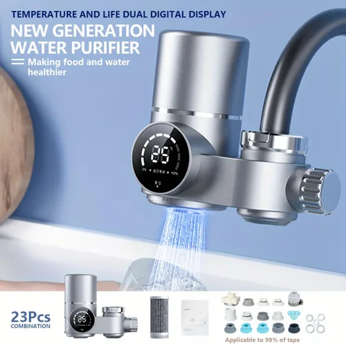 Miniatura 5 de Filtro de agua para grifo de fregadero, filtro reductor de plomo, diseño de doble cabezal con pantalla de temperatura ℉, carcasa reforzada de larga