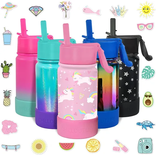CHILLOUT LIFE Botella de agua aislada para niños de 12 onzas para la escuela con tapa con pajilla, a prueba de fugas y bonitas calcomanías Unicornio
