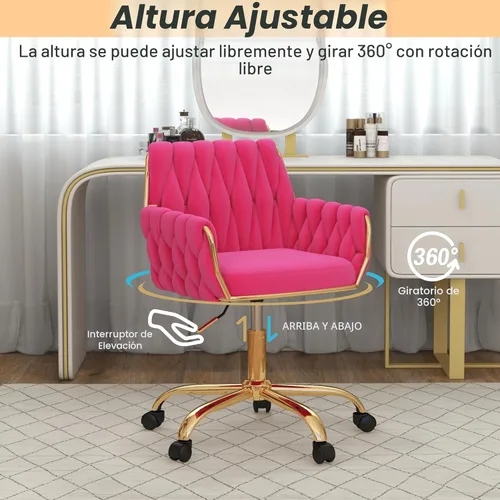 Miniatura 4 de Silla de terciopelo para oficina en casa, moderna silla de tocador de altura ajustable con base dorada y respaldo tejido a mano para dormitorio