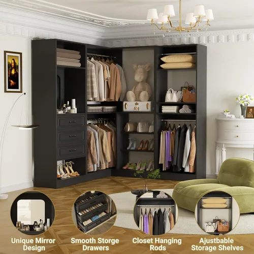 Miniatura 6 de Unikito Sistema de armario con cajones, sistema modular de organizador de armario de esquina de 86 pulgadas con espejo, organizador de armario