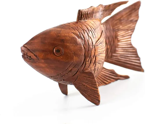 Miniatura 4 de G6 Collection Figura grande de madera tallada a mano de pez Koi de 16 pulgadas, acento decorativo costero para el hogar, escultura de arte