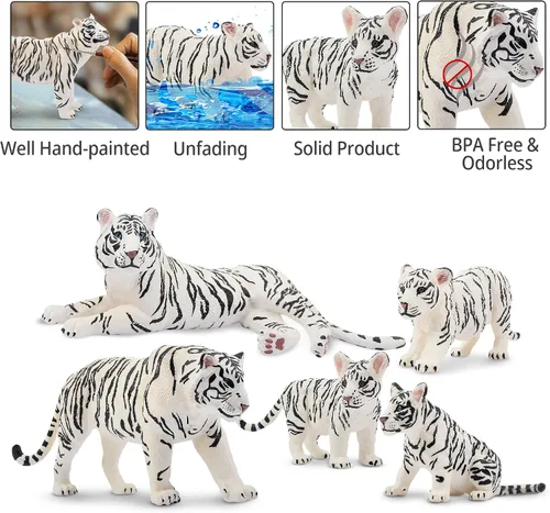 Miniatura 5 de Toymany 6 figuras realistas de tigres blancos con cachorros de tigre, figuras familiares de animales de la selva de 2 a 6 pulgadas, incluye tigres