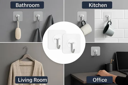 Miniatura 8 de Ganchos de pared adhesivos resistentes, acero inoxidable transparente, paquete de 12 – carga máxima de 24 libras, ganchos reutilizables impermeables