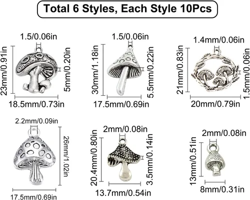 Miniatura 2 de SUNNYCLUE 1 caja de 60 piezas de 6 estilos de hongos, plantas de hongos, plantas y bosque, dijes a granel estilo tibetano de plata antigua, pequeños