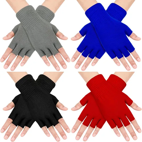 Sumfox 4 pares de guantes negros sin dedos para mujeres y hombres, guantes unisex de medio dedo, guantes de punto, guantes elásticos de invierno
