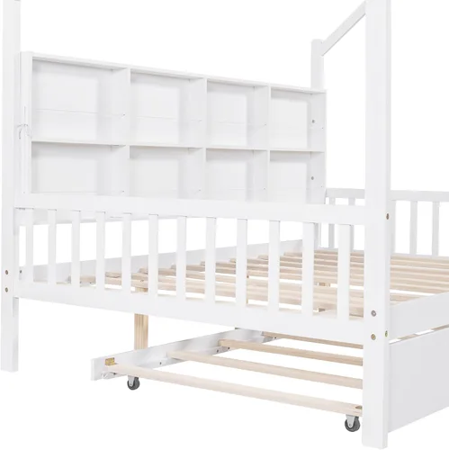 Miniatura 9 de Cama matrimonial con nido, marco de cama matrimonial para niños con estantes de almacenamiento y techo, cama Montessori, cama de tienda, cama