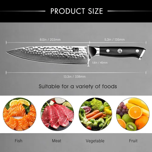 Miniatura 5 de SHAN ZU Cuchillo de chef, cuchillo de acero damasquino de 8 pulgadas, cuchillo de cocina profesional, cuchillos de utilidad de acero de alto carbono