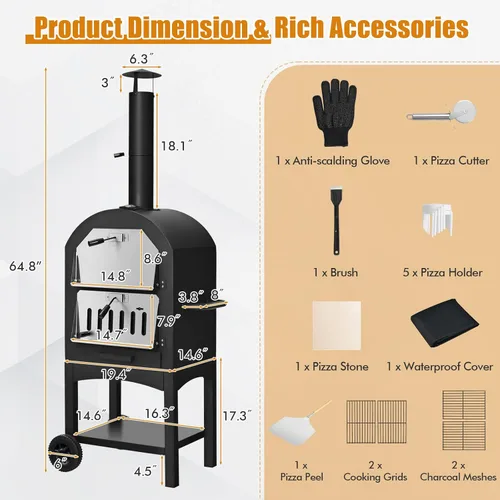 Miniatura 8 de Happygrill Horno de pizza para exteriores de leña, pizzero portátil con parrilla y piedra, rejillas de cocción, termómetro incorporado, cubierta