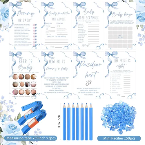 Miniatura 3 de Honoson Juego de 279 piezas de juegos de baby shower con lazo azul para 50 invitados, 8 juegos incluyen Adivina mamá o papá, revuelto de palabras
