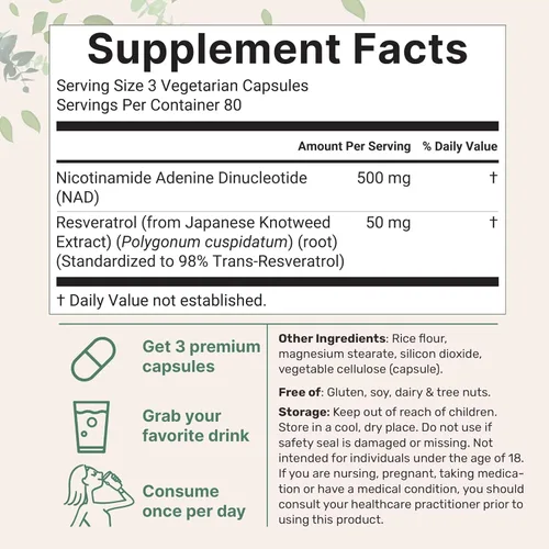 Miniatura 2 de Micro Ingredients NAD+ 500 mg con resveratrol, 240 cápsulas vegetales Suplemento NAD 2 en 1 para mujeres y hombres Alternativa NMN Pathway Sin