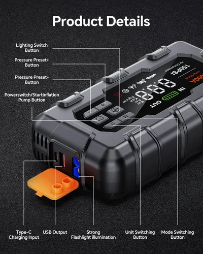 Miniatura 6 de THEKUKU Arrancador de 5000 A, arrancador de batería de coche con compresor de aire para hasta 9.0 L de gas y motor diésel de 8.0 L, caja de arranque