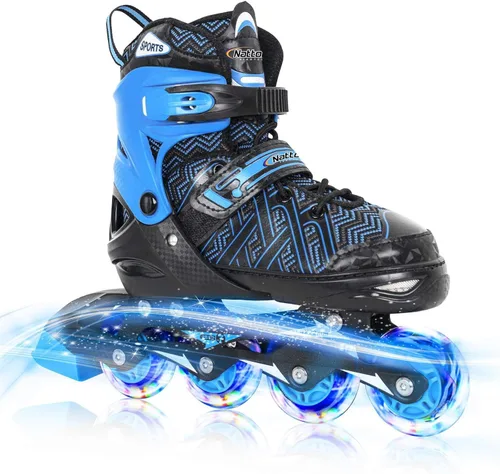 Nattork Patines en línea ajustables para niños y niñas, azul negro rojo con ruedas iluminadas, patinaje sobre ruedas juvenil para principiantes de 3