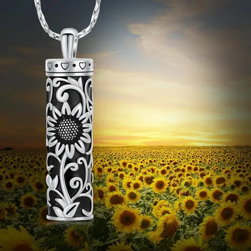 Miniatura 47 de Collar de urna de girasol para cenizas, collar de barra cilíndrica para cenizas para mujer, colgante de recuerdo para cenizas, joyería de cremación